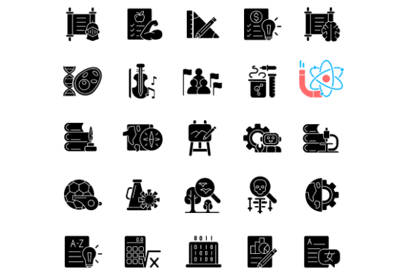 Evaluating the School Subjects Black Glyph Icons Bundle for Educational and Design Projects