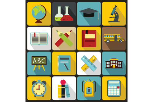 School Icons Set, Flat Style: Elevating Educational Design with Modern Vector Clarity
